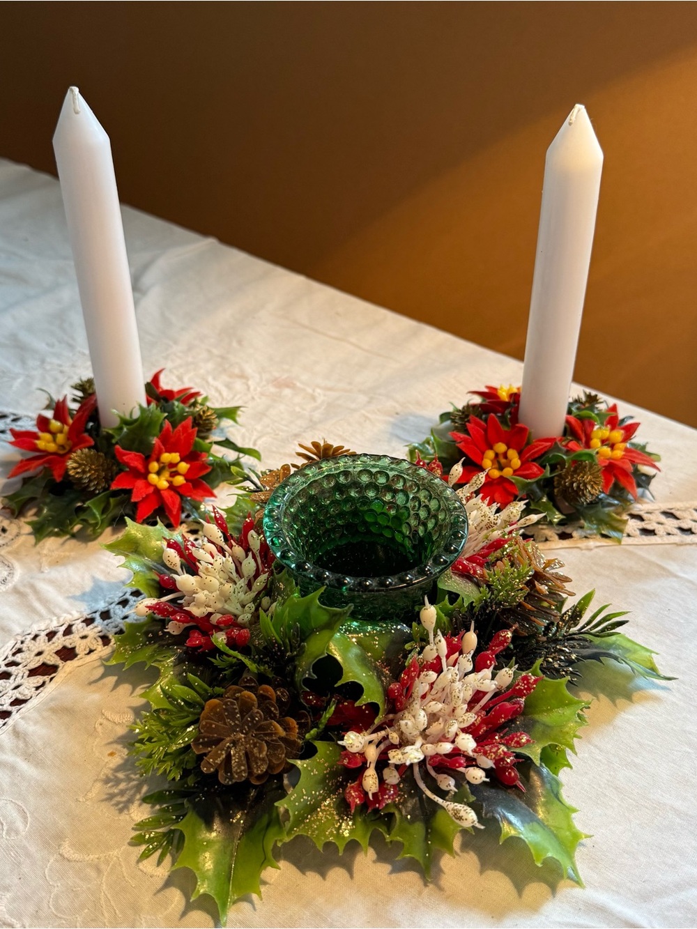 Vintage Mid century Christmas centrepiece and pair of Candle rings